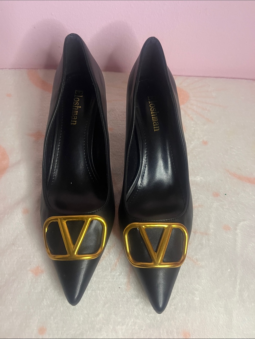 Black Leather Pointed Toe Heels with Gold Accent